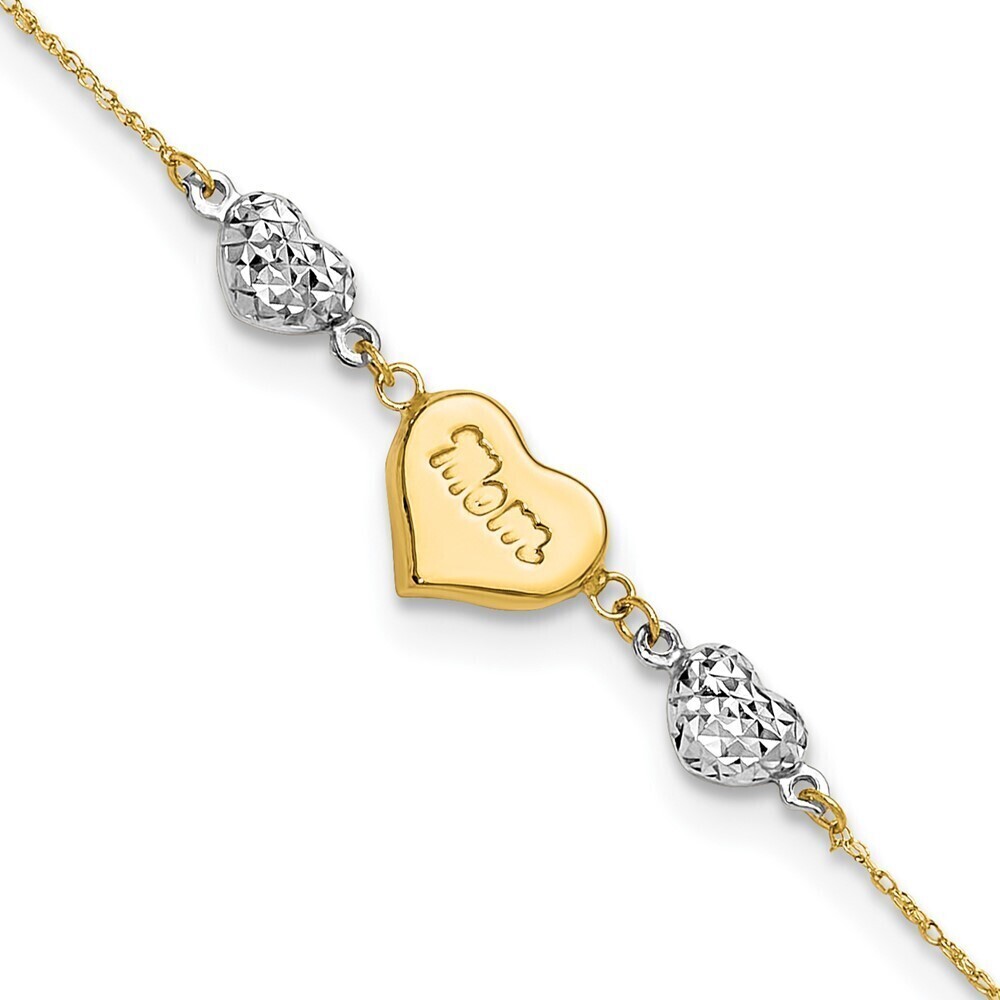 Kazi Luxury 14K Two Tone Puffed MOM Heart 7in w/ 1 In Ext Bracelet